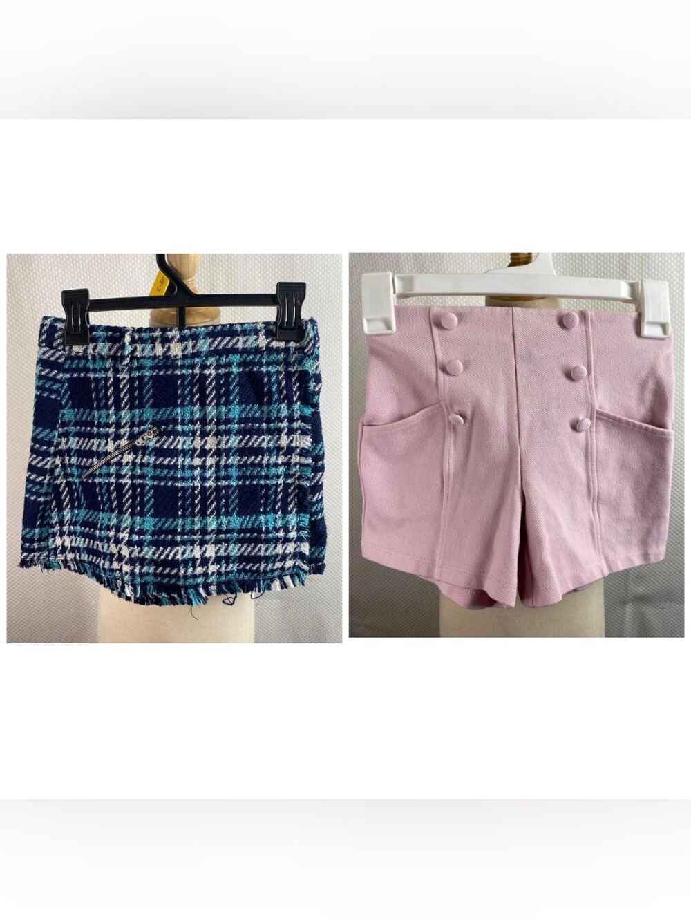 Zara Pink Double-Button High-Waist Skort & Navy Plaid Tweed Mini Set